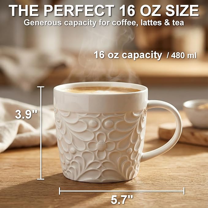 25DOL 16 oz Ceramic Coffee Mugs Set of 4 – Embossed Nature-Inspired Design, Comfortable Grip Handle – Large Latte & Tea Cups, Modern Farmhouse Style – Microwave & Dishwasher Safe
