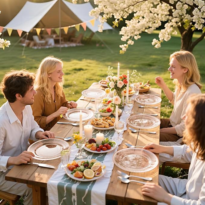 GATHER 350PCS Rose Gold Plastic Plates - Disposable Rose Gold Dinnerware Includes 100 Clear Rose Golds Rimmed Plastic Plates, 150 Silverware, 50 Napkins, 50 Cups for Party, Wedding, Mother's Day