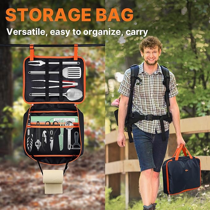 Portable Camping Cooking Utensils Set, Camp Kitchen Set with Organizer Bag, RV Essentials Outdoor Cooking Utensil Kit for Travel, Picnics, Camping, BBQs, Parties