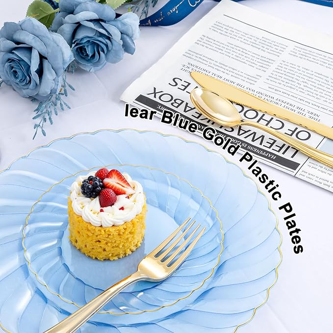 YOUBET 125PCS Clear Blue Gold Plastic Plates - Blue Disposable Plates With Gold Rim Include 25 Dinner Plates 25 Dessert Plates 75 Golden Silverwares for Wedding Birthday & Parties