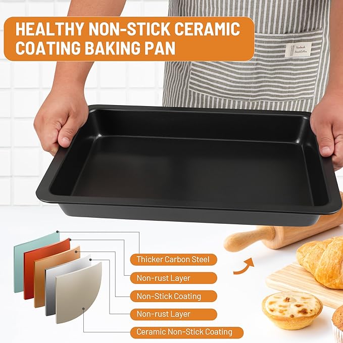 Sheet Cake Pan with Lid, 15"×10"×2" Deep Jelly Roll Pan, Non-Stick Ceramic Coating Baking Pan, Oven Safe 450°F, PFOA & PTFE Free, Bake & Carry for Texas Sheet Cake, Brownies, Potluck (Black)