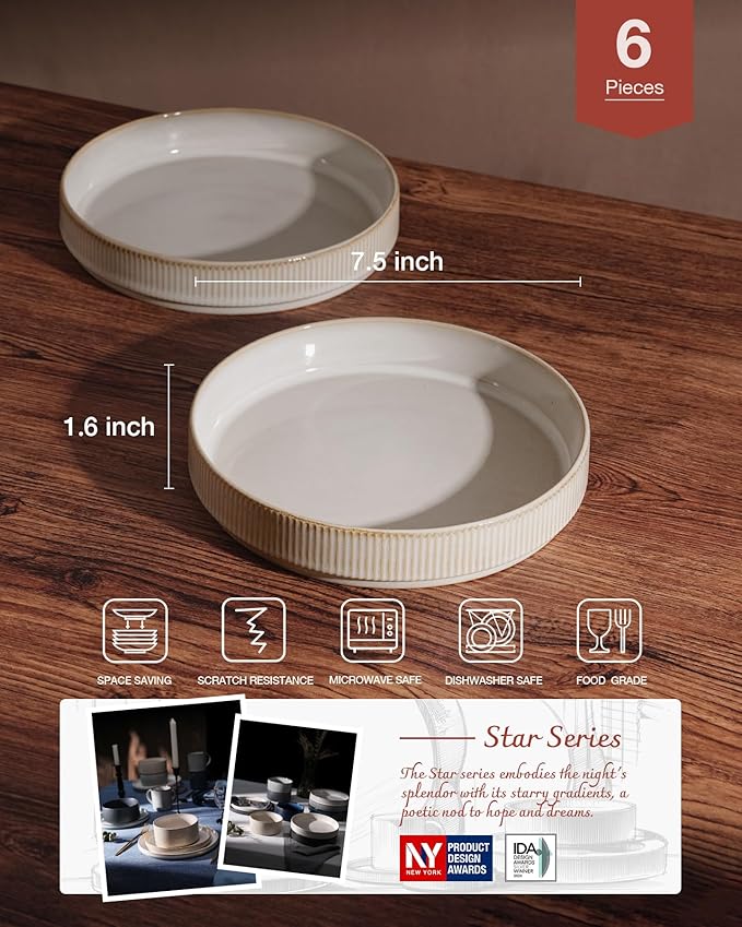 famiware Star 7.5" Pasta Bowls Set, Salad Bowl Set of 6, Double Reactive Glaze, Stackable, Perfect for Your Friend for Housewarming, Thanksgiving, Christmas, Cappuccino White (Pack of 3)