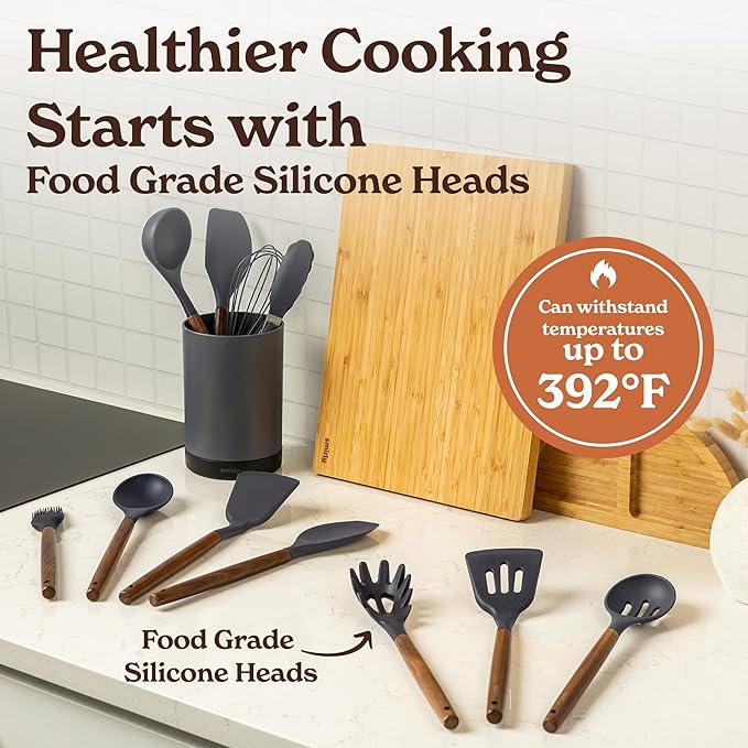 Silicone Kitchen Utensils Set & Holder: Cooking Utensils Set - Kitchen Essentials for New Home & 1st Apartment- Silicone Spatula Set, Cooking Spoons for Nonstick Cookware (Acacia Wood, Grey)