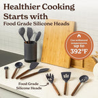 Silicone Kitchen Utensils Set & Holder: Cooking Utensils Set - Kitchen Essentials for New Home & 1st Apartment- Silicone Spatula Set, Cooking Spoons for Nonstick Cookware (Acacia Wood, Grey)