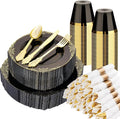 Bestluck 350 PCS Black and Gold Plastic Plates, Disposable Dinnerware Set for 50 Guests, 100 Disposable Plates, 150 Silverwares, 50 Cups, 50 Napkins for Wedding, Party, Graduation