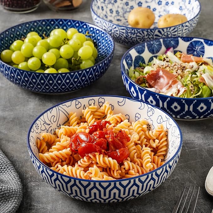 Selamica Ceramic 30 Ounce Pasta Bowls set of 4, 8 inch Serving Bowl Wide and Shallow Microwave Dishwasher Safe, Vintage Blue