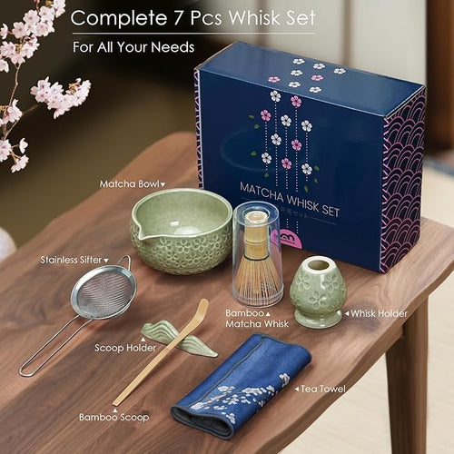 7Pcs Matcha Whisk Set, Matcha Set Whisk and Bowl,Bamboo Scoop, Scoop Rest, Sifter and Tea Towel, Matcha Kit W/Carved Cherry Blossm Pattern for Matcha Lovers (Sakura Green)