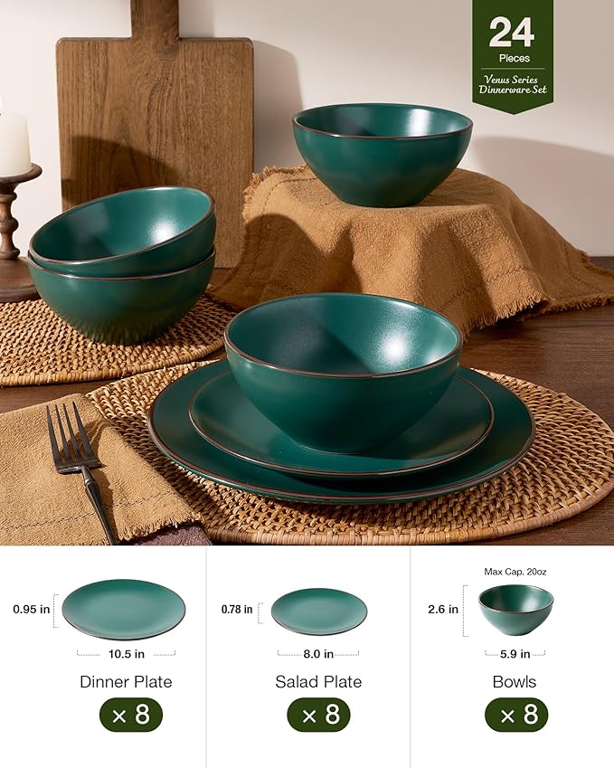 Famiware Venus 24-Piece Plates and Bowls Sets for 8, Stoneware Dinnerware Set with Trim, Modern Minimalist Dishes for Everyday & Formal Use, Chip Resistant, Microwave/Dishwasher Safe, Matte Dark Green