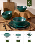 Famiware Venus 24-Piece Plates and Bowls Sets for 8, Stoneware Dinnerware Set with Trim, Modern Minimalist Dishes for Everyday & Formal Use, Chip Resistant, Microwave/Dishwasher Safe, Matte Dark Green
