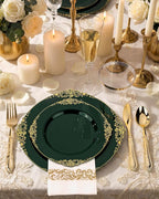 Morejoy 350 PCS Green Plastic Plates - Green Gold Plastic Dinnerware Set Include 50Dinner Plates, 50Dessert Plates 150Cutlery, 50Cups, 50Napkin Perfect for Party & Wedding