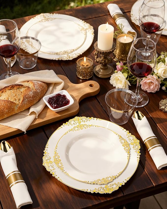 Nervure 175PCS Ivory Plastic Plates - Ivory Gold Plastic Dinnerware Sets for 25 Guests - 50 Gold Disposable Plates, 25 Pre Rolled Cutlery Set, 25 Cups Perfect for Wedding, Party