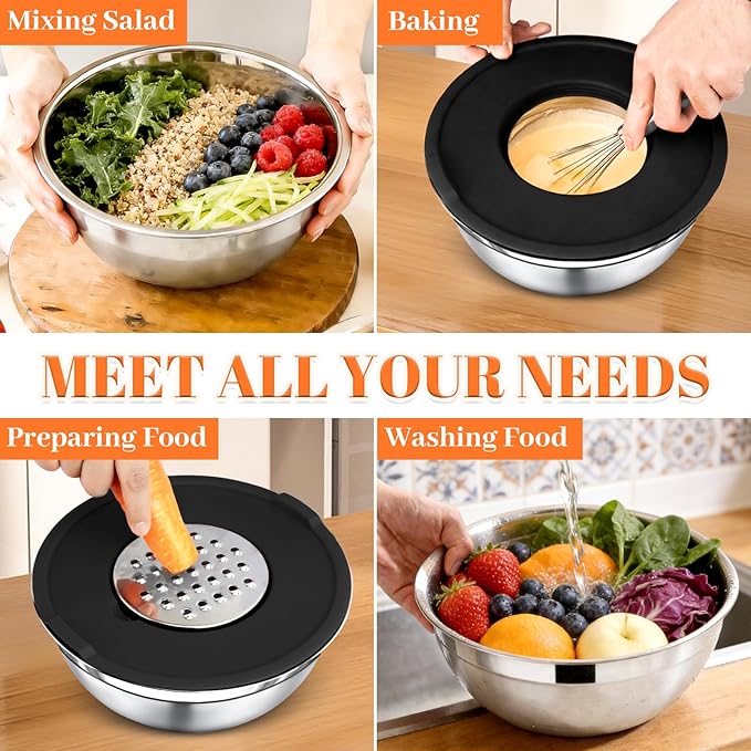 Mixing Bowls with Lids Set - 7 Nesting Mixing Bowls, 3 Graters, 11 Baking Tools, Airtight Lids, Stainless Steel Mixing Bowls for Mixing & Baking, Size 0.7/1.1/1.5/2.1/3.5/4/4.5 QT, Black