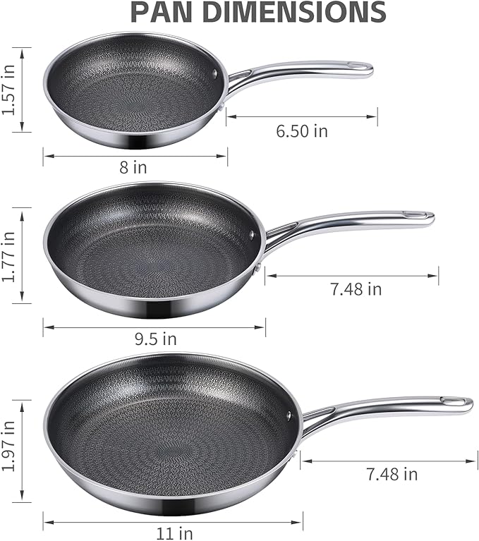 Ammeloo Hybrid Tri-Ply Stainless Steel Frying Pan Set, 8"/9.5"/11" Cooking Pans, Non Stick Frying Pans and Skillets, Chef Pan, Non Toxic, Dishwasher Safe, Induction Compatible, Black Interior