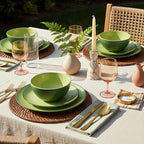 TP 12-Piece Melamine Dinnerware Sets, Plates and Bowls Dishes Set for 4, Break-Resistant & Non-Microwavable, Lightweight Dinner Plates, Avocado Green