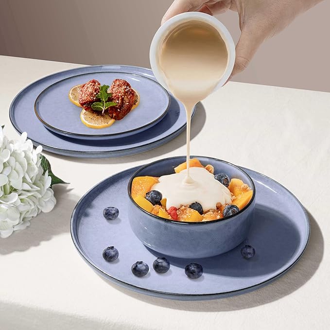 Herogo 6-Piece Stoneware Dinnerware Sets for 2, Stackable Dinner Plates and Bowls Sets, Double Reactive Glaze Dishware Place Setting for Kitchen, Scratch Resistant, Microwave Safe, Haze Blue