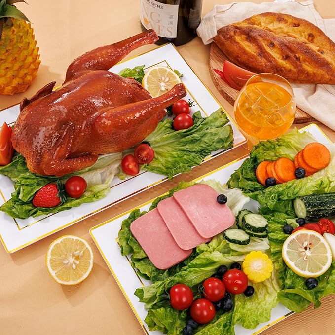 I00000 6 Pack Plastic Serving Trays, Gold Rim Disposable Serving Trays, Gold Disposable Serving Platter for Food Party Serving Platters and Plastic Trays 13.97x8.46 inches