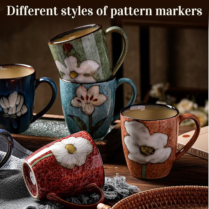 Maxdot 4 Pcs 12oz Ceramic Coffee Mugs Sets Glazing Process Cappuccino Mug Floral Ceramic Tea Cups Mother's Day Idea Gift for Women Mom Porcelain Cup for Coffee, Cocoa, Tea, Latte (Classic)
