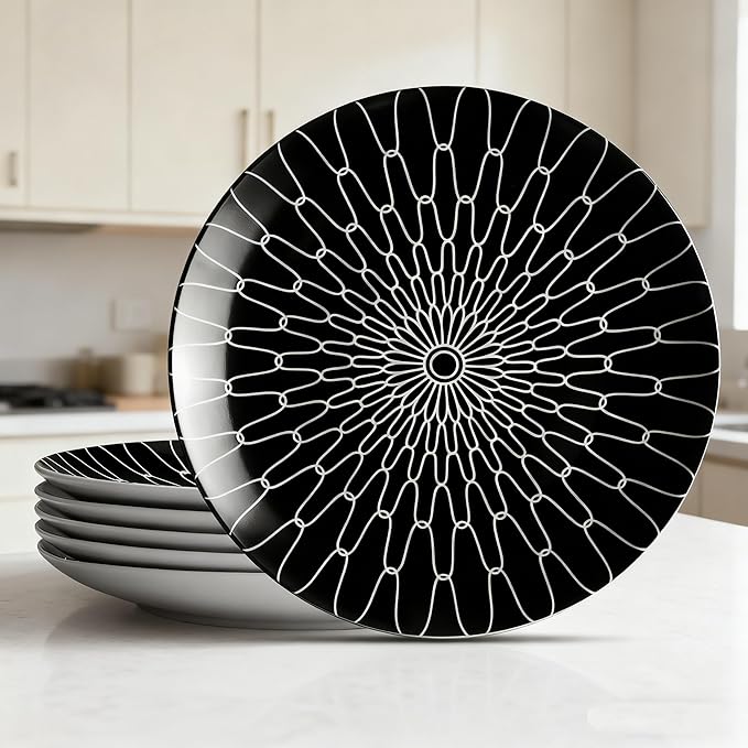 8-Inch Salad Plates Set of 6, Black White Grid Pattern Ceramic Plates, Checkerboard Design for Lunch, Pasta & Salad, Microwave & Dishwasher Safe
