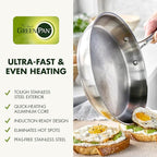GreenPan Stainless Steel Cookware Set, 11 Piece, Induction Cookware, Dishwasher Safe, Oven Safe to 600F, Large 8QT Stock Pot, Sauce, Saute, Frying Pans, Pots & Pans Kitchen Essentials, Silver