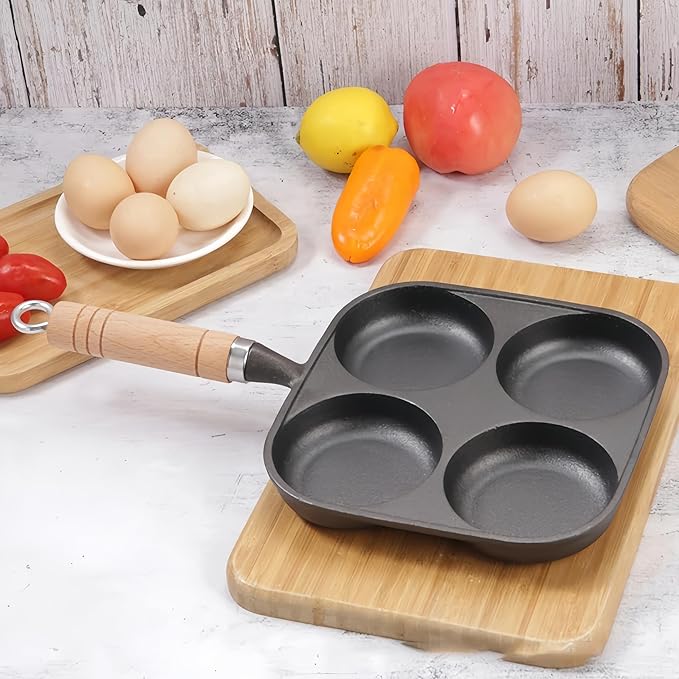 Cast Iron 4-Cup Egg Pan Skillet, Small Omelette Pan, Family Breakfast Pan for Eggs, Pancakes, Sandwich & Bruger, Suitable for Gas Stove and Induction Cooktop, Natural Nonstick with Seasoning, 7.5 inch