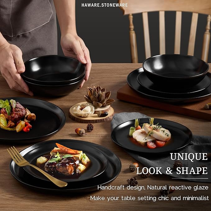 HaWare Plates and Bowls Set, Stoneware Dinnerware Sets, 18-Piece Hand-painted Dish Set for 6, Ceramic Dishware for Home Kitchen, Scratch Resistant, Microwave and Dishwasher Safe, Matte Black
