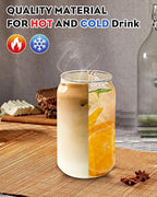 WISIMMALL Drinking Glasses with Bamboo Lids and Glass Straw 8PCS Set, 16oz Glass Cups with Lids and Straws, Beer, Iced Coffee Glasses, Soda, Gift 2 Cleaning Brushes