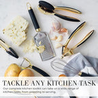 Black and Gold Kitchen Utensils - Luxe 8-Piece Gold Kitchen Tools Set with Can Opener, Pizza Cutter, Peeler, Mini Whisk, and Tongs - Stylish Accessories for Modern Cooking and Ideal for Gifting