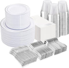 NOCCUR 700PCS Silver Plastic Plates Disposable for 100 Guests - Include 100 Dinner/Dessert White Plastic Plates with Silver Trim,300 Cutlery,100 Cups,100 Napkins for Party&Wedding