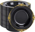 100PCS Black Plastic Bowls - 12 oz Black Gold Disposable Salad Bowls - Heavy Duty Soup Serving Bowl - Fancy Plastic Candy Bowl for Weddings, Parties, Dinners, Catering, Picnics, Party