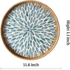 Round Rattan Tray with Mother of Pearl Inlay, Decorative Wicker Serving Tray with Wooden Base, Woven Basket Trays for Bread Fruits Coffee, Light Blue