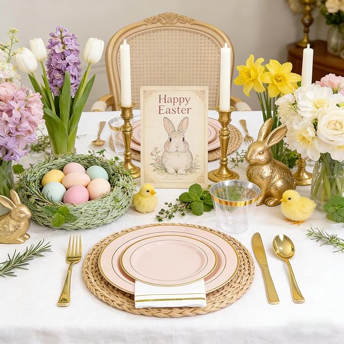 GATHER 700PCS Pink Plastic Plates - Gold Rim Disposable Plastic Dinnerware Set Include 200 Pink Plates, 300 Silverware, 100 Napkins, 100 Cups for Party & Wedding & Mother's Day