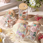 Mumufy 4 Pack Gift for Women Bohemian Flower Cute Glass Cup Tumbler Boho Floral Iced Coffee Mugs 16 oz Glass with Bamboo Lid & Straw, Mothers Day Birthday Gift for Mom Sister Bridesmaid Baby Shower