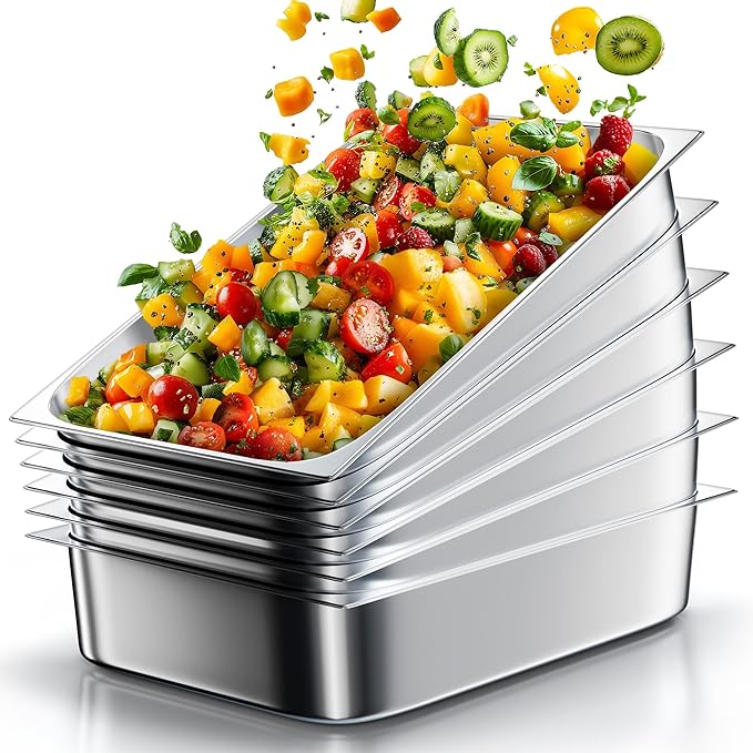 WantJoin Steam Table Hotel Pans 1/1 Full Size 4 Inch Deep 6 Pack, Stainless Steel Metal Tray Sets Food Storage Container for Restaurant Chafing Dishes Commercial Buffet Catering Supplies