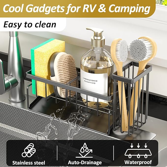 Sponge Holder & Sink Caddy Organizer - Rustproof Kitchen Sink Organizer with High Brush Holder - Kitchen Essentials Countertop Storage Organization (Grey)