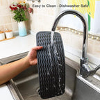 ZLR 2 Pcs Silicone Sponge Holder & Sink Caddy Tray (6" x 17") - Narrow Dish Drying Mat for Kitchen Counter - Waterproof Soap Dispenser Organizer, Non-Slip Bathroom Vanity Tray (Dark Gray)
