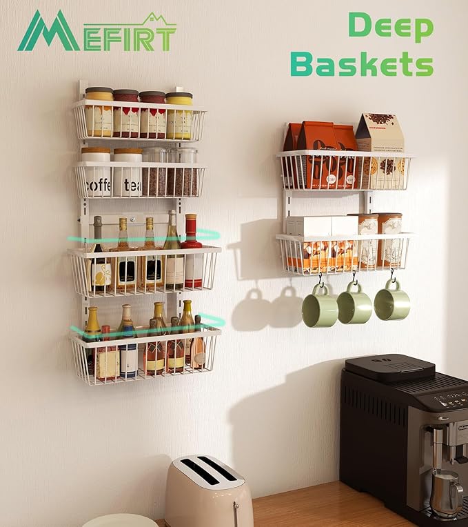 12 Inch Wide Narrow Over The Door Pantry Organizer, Pantry Organization and Storage, 6-Tier Metal Hanging Deep Basket Wall Spice Rack Seasoning Shelves, Home & Kitchen Essentials, White