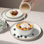 Herogo 18-Piece Stoneware Dinnerware Set for 6, Handmade Plates & Bowls with Double Reactive Glaze, Microwave and Dishwasher Safe, Scratch Resistant, Ivory White