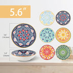 Ceramic Cat Bowls Set of 6 - Colorful/White Cute Shallow Cat Dishes - 5.75-Inch, Whisker Friendly and Wide - Microwave & Dishwasher Safe - 5.3 oz (250 ml) （Colorful 2 ）