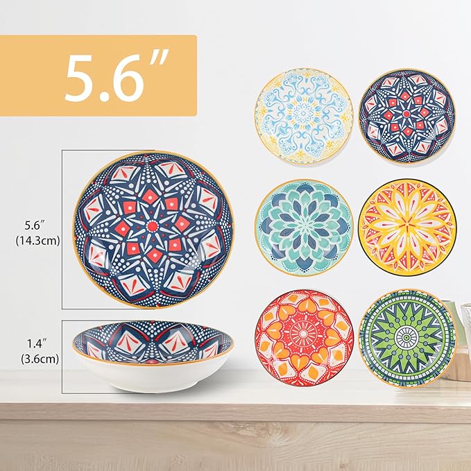 Ceramic Cat Bowls Set of 6 - Colorful/White Cute Shallow Cat Dishes - 5.75-Inch, Whisker Friendly and Wide - Microwave & Dishwasher Safe - 5.3 oz (250 ml) （Colorful 2 ）