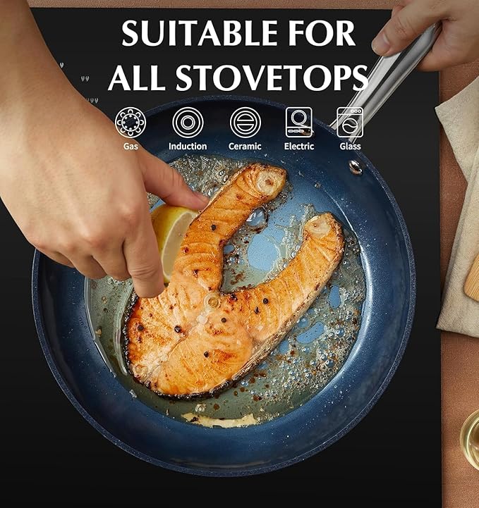 KOCH SYSTEME CS 14 Inch Large Frying Pan with Lid, Nonstick Skillet with Ceramic Interior, Large Fry Pan for Family & Commercial Cooking, Frying Pan Nonstick, Oven Safe & Induction Compatible, Blue
