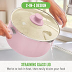 GreenLife 6QT Ceramic Nonstick Stockpot with Glass Straining Lid, PFAS-Free, Dishwasher Safe, Stay-Cool Handles, Oven Safe to 350°F, Wobble-Free Base, Even Heating, Pink