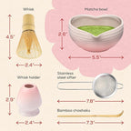 Rehny’s Matcha Whisk Set | Complete Pink Matcha Set w/Heart-Shaped Bowl, Bamboo Whisk, Holder, Stainless Steel Sifter, Bamboo Scoop | Cute Gift Present Macha Kit Handmade Bowl | Macha Powder Tea Kit