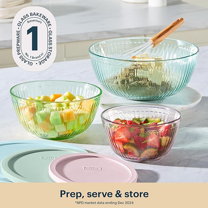 Pyrex Colors (3-Pack, Full Set) Sculpted Tinted Glass Mixing Bowls With Plastic Lids, Nesting Space Saving Set of Bowls For Prepping and Baking, 1.3QT, 2.3QT & 4.5Q, (Pink, Green, Aqua)