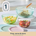 Pyrex Colors (3-Pack, Full Set) Sculpted Tinted Glass Mixing Bowls With Plastic Lids, Nesting Space Saving Set of Bowls For Prepping and Baking, 1.3QT, 2.3QT & 4.5Q, (Pink, Green, Aqua)