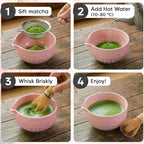 Matcha Whisk Set, Ceramic & Pink Matcha Set with Bowl, Bamboo Whisk, Scoop, Strainer, Scoop Rest, Holder, Cloth + Instruction Handbook – Traditional Japanese Tea Ceremony Kit