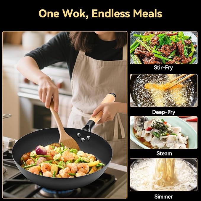 WANGYUANJI Carbon Steel Wok Pan - 12.6 Inch Flat Bottom Iron Wok, Woks & Stir-Fry Pans, Carbon Steel Pan for Induction Cookware and Gas Stoves