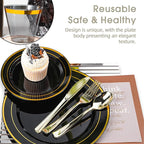 N9R 600PCS Black and Gold Plastic Dinnerware Set, Disposable Plastic Plates Includes 100 Dinner Plates, Dessert Plate, Cups, Spoons, Forks, Knives for 100 Guests, Perfect for Party, Wedding, Birthday