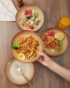 Pokini 16 Piece Double Bowl Plates and Bowls Sets, Ceramic Dinnerware Sets with Pasta Bowls, Dishwasher & Microwave Safe Dish Set, Scratch Resistant Stoneware Plate Set, Service for 4 Brown Yellow