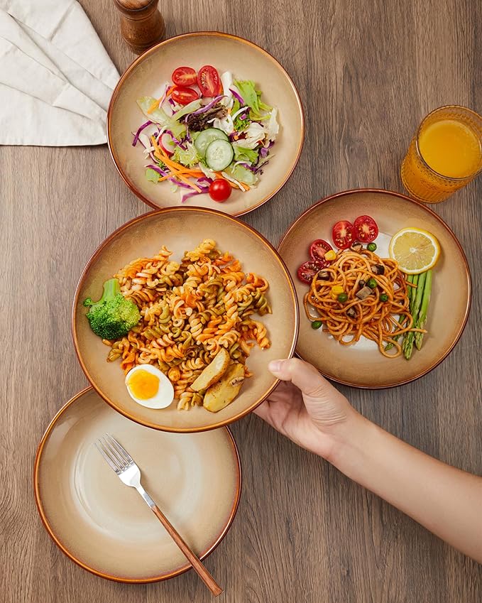 Pokini Ceramic 32 Oz Pasta Bowls, 8.75 Inch Reactive Glaze Pasta Bowl Set of 4, Microwave & Dishwasher Safe, Large Wide Serving Bowls for Salad, Dessert, Soup, Fruit, Brown and Yellow