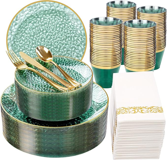 Rubtlamp 350 Pcs Green Plastic Dinnerware Set, Green and Gold Plastic Plates, Hammered Party Plates Include Dinner Platos, Dessert Platos, Cups, Gold Cutlery Set And Napkins for Party